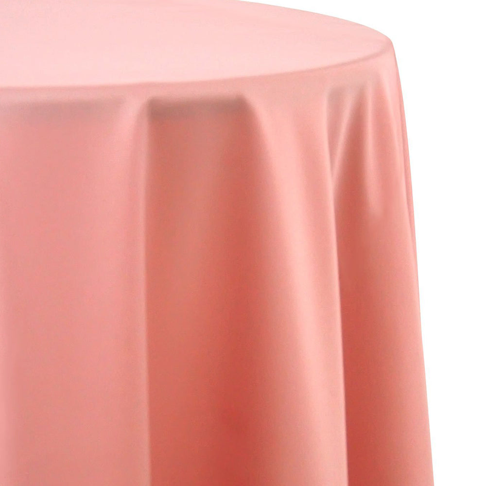 Round satin tablecloth in coral, showcasing a vibrant and lively tone. The coral satin adds a bright and energetic touch, ideal for a bold and cheerful table setting.
