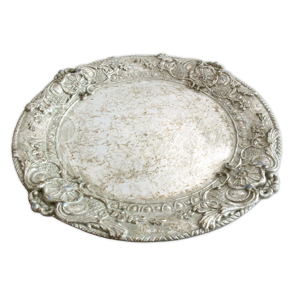 Charger plate with an antique Florentine wood design, featuring intricate detailing and a vintage-inspired look for an elegant and timeless table setting.