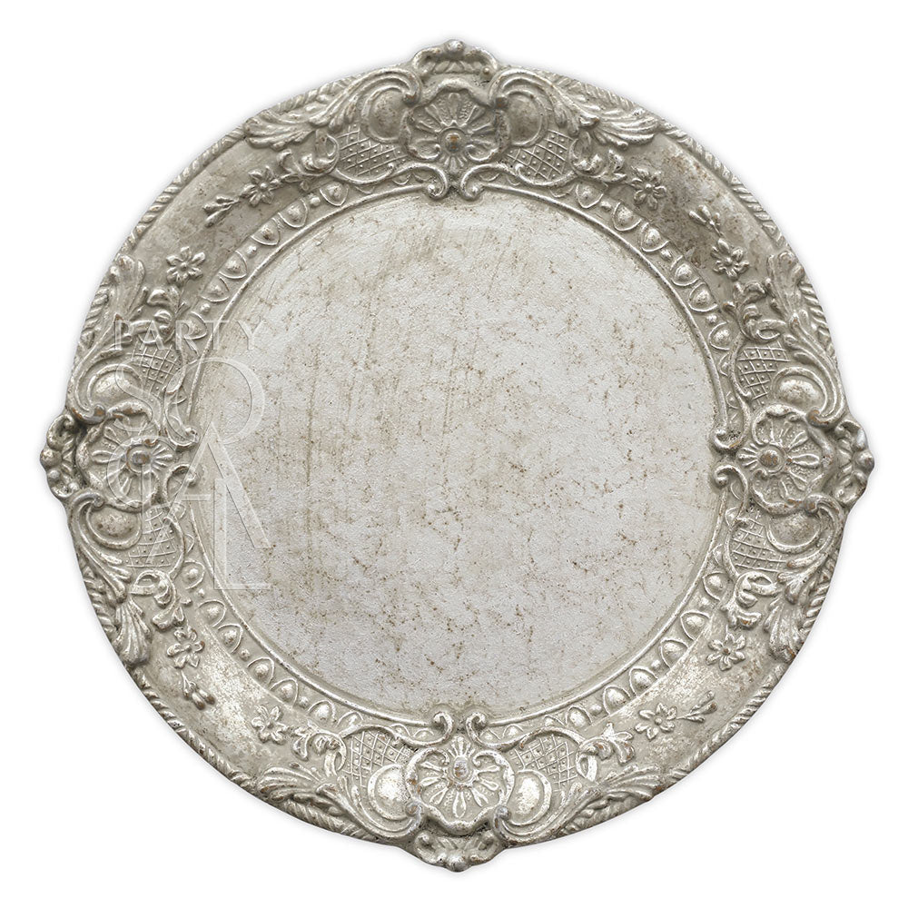 Charger plate with an antique Florentine wood design, featuring intricate detailing and a vintage-inspired look for an elegant and timeless table setting.