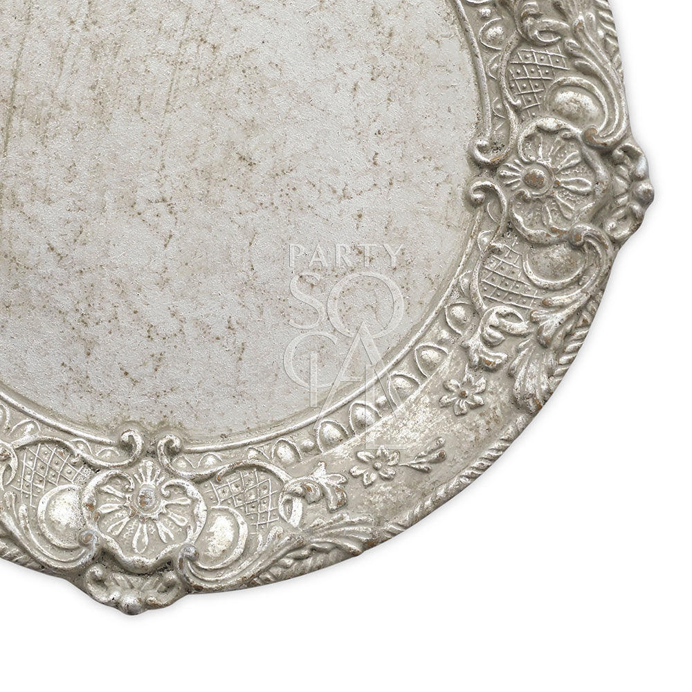 Charger plate with an antique Florentine wood design, featuring intricate detailing and a vintage-inspired look for an elegant and timeless table setting.