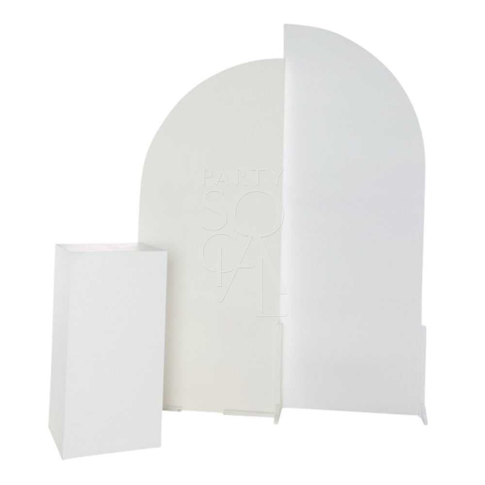Stylish white wood curved backdrop featuring a smooth, sleek finish with a gracefully arched design. The backdrop’s clean, white surface and elegant curve make it a versatile choice for creating a sophisticated and modern background in photo shoots, events, or interior decor.