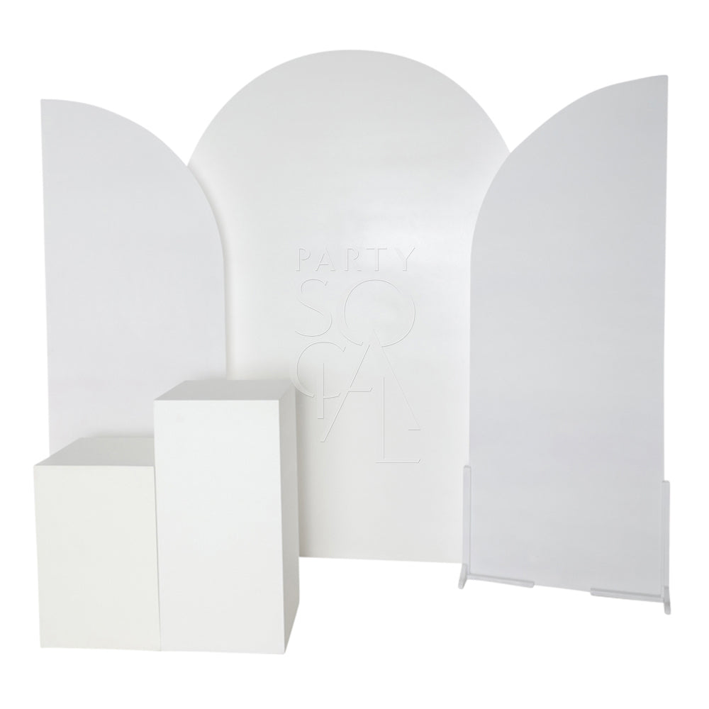 Stylish white wood curved backdrop featuring a smooth, sleek finish with a gracefully arched design. The backdrop’s clean, white surface and elegant curve make it a versatile choice for creating a sophisticated and modern background in photo shoots, events, or interior decor.