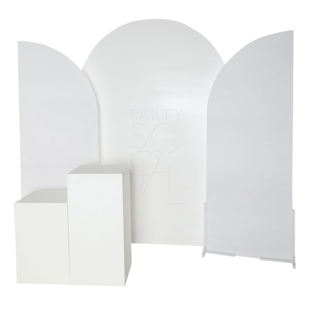 Stylish white wood curved backdrop featuring a smooth, sleek finish with a gracefully arched design. The backdrop’s clean, white surface and elegant curve make it a versatile choice for creating a sophisticated and modern background in photo shoots, events, or interior decor.