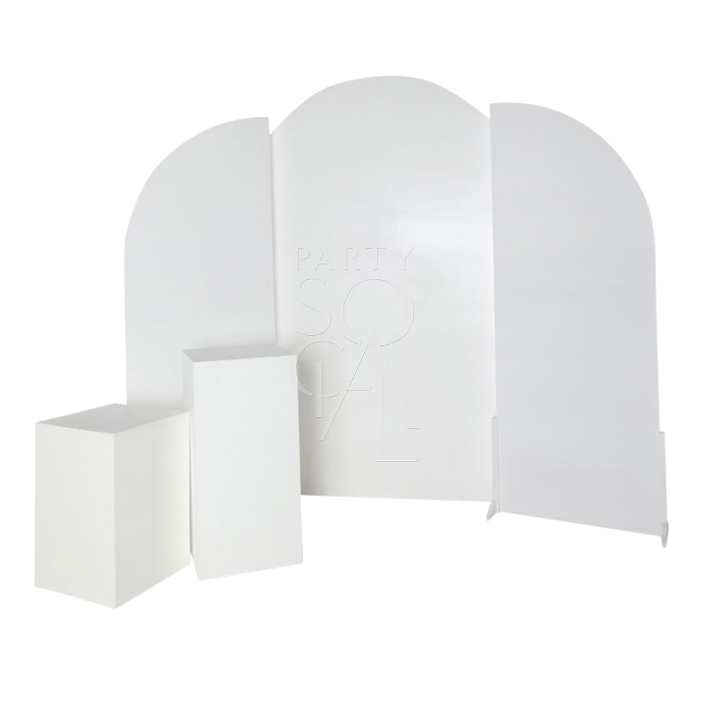 Stylish white wood curved backdrop featuring a smooth, sleek finish with a gracefully arched design. The backdrop’s clean, white surface and elegant curve make it a versatile choice for creating a sophisticated and modern background in photo shoots, events, or interior decor.