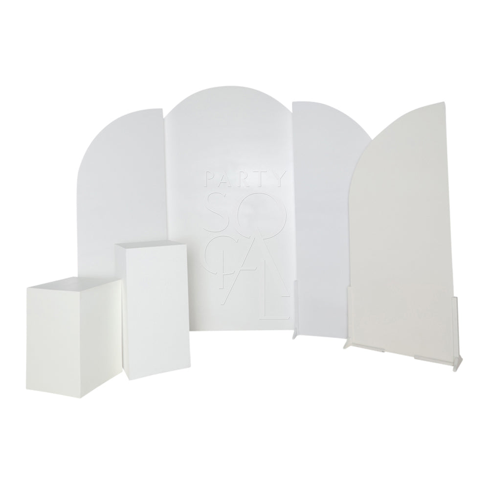 Stylish white wood curved backdrop featuring a smooth, sleek finish with a gracefully arched design. The backdrop’s clean, white surface and elegant curve make it a versatile choice for creating a sophisticated and modern background in photo shoots, events, or interior decor.