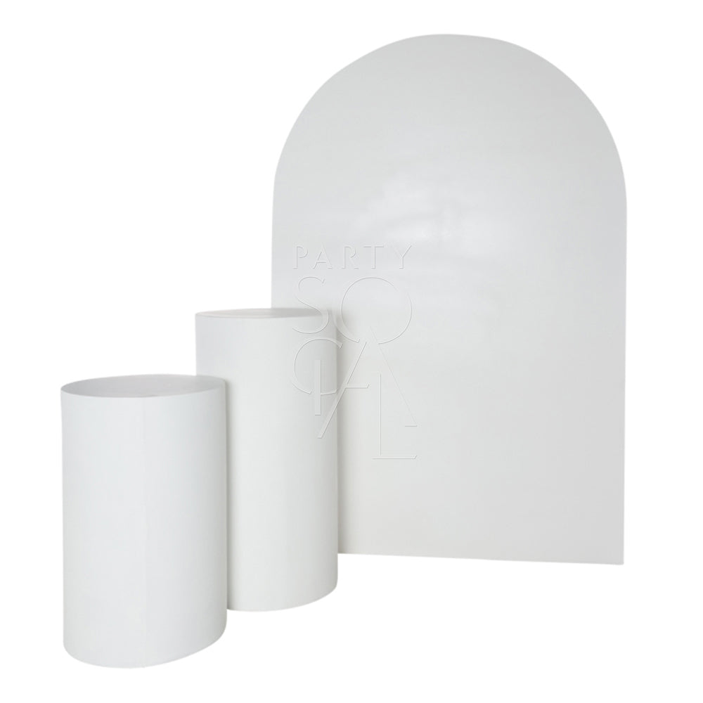 Stylish white wood curved backdrop featuring a smooth, sleek finish with a gracefully arched design. The backdrop’s clean, white surface and elegant curve make it a versatile choice for creating a sophisticated and modern background in photo shoots, events, or interior decor.