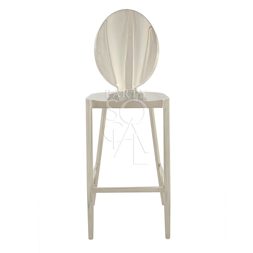 Bar stool with mirrored silver design, elegant event seating, chic silver bar chair, reflective surface stool, stylish party furniture, sophisticated bar stool for events, modern mirrored bar chair.