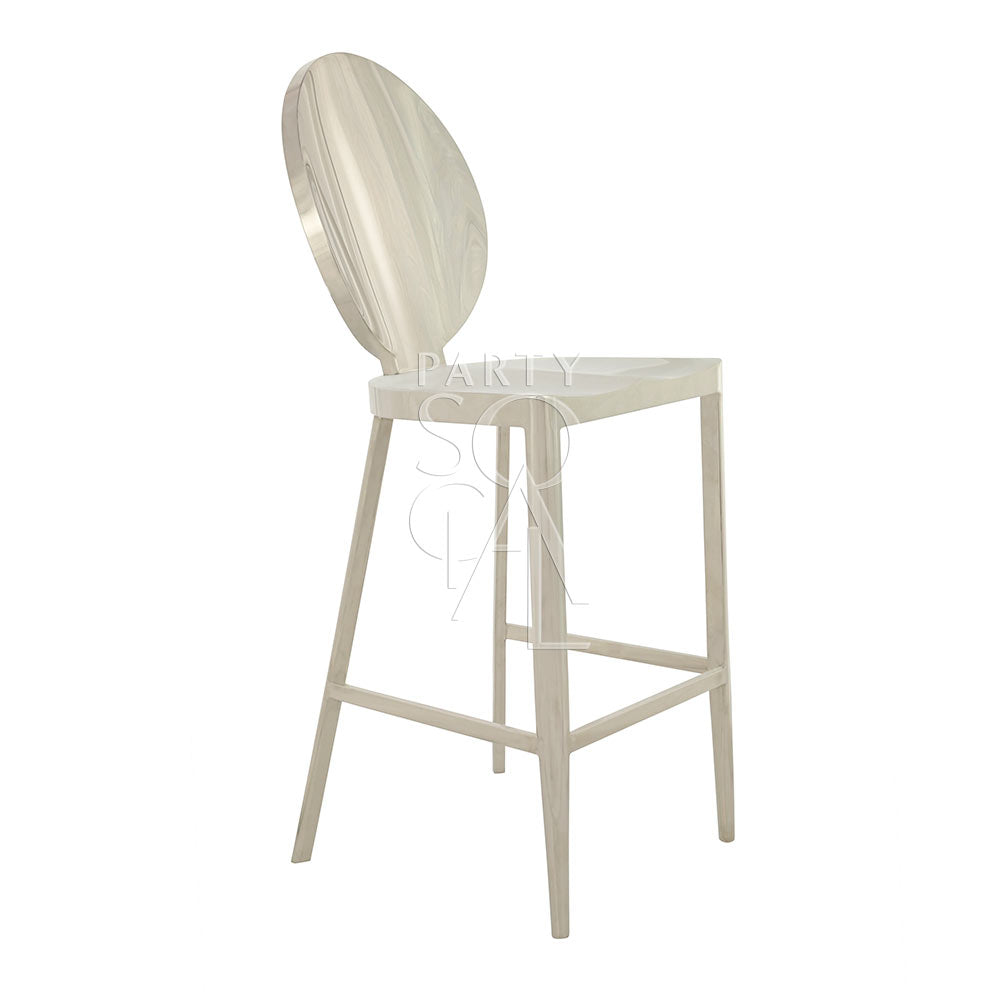 Bar stool with mirrored silver design, elegant event seating, chic silver bar chair, reflective surface stool, stylish party furniture, sophisticated bar stool for events, modern mirrored bar chair.