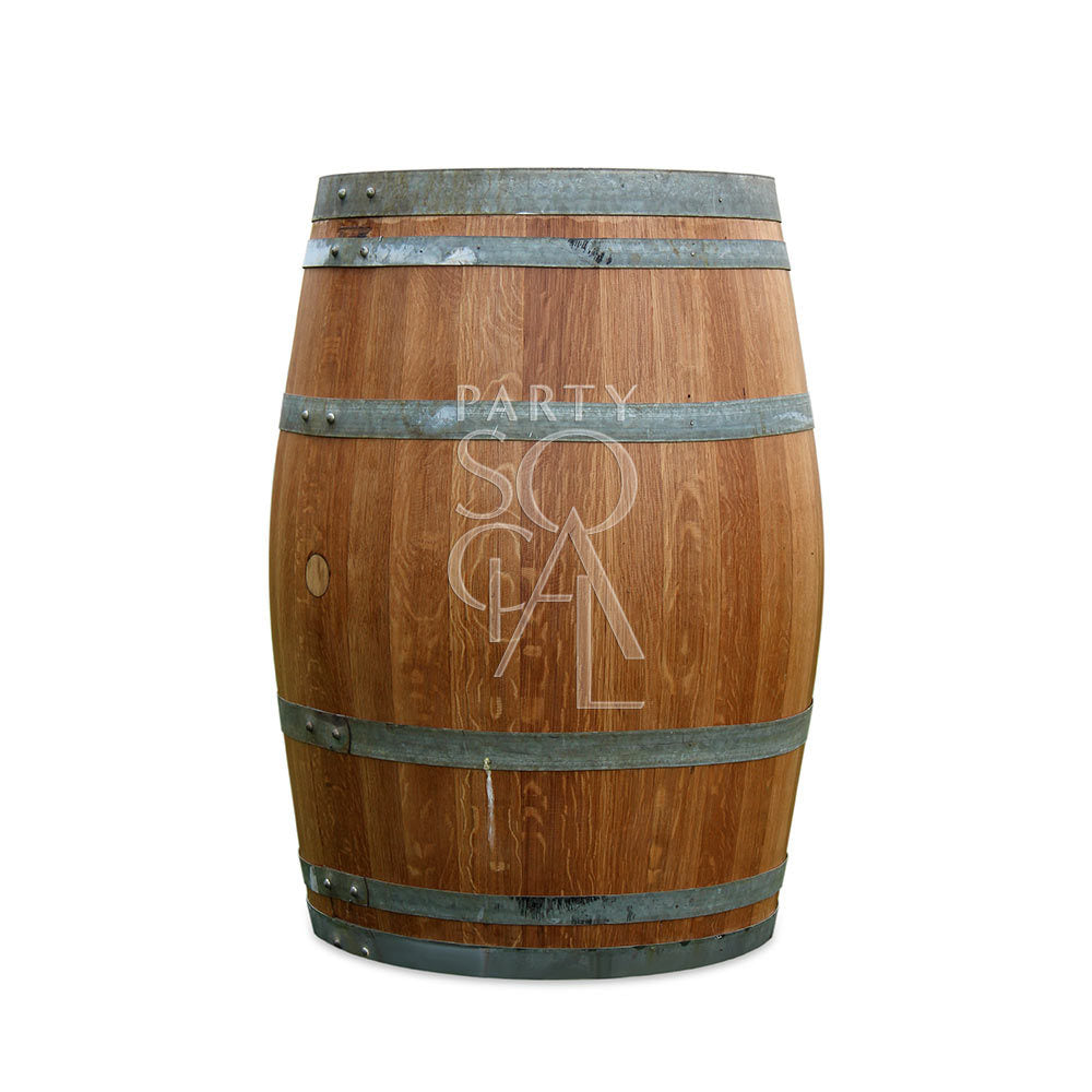 Rustic wine barrel table with a 225-liter capacity. Crafted from a vintage wine barrel with a natural wood finish and metal bands. Ideal for adding a classic, rustic touch to any setting.
