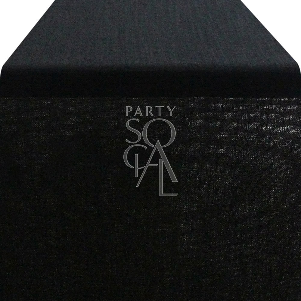 Sophisticated black linen blend table runner measuring 335cm in length and 35cm in width. The runner features a smooth, elegant texture and a deep black hue, adding a touch of modern refinement and versatility to any dining table or event decor.