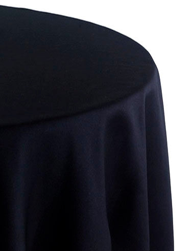 Round satin tablecloth in black, showcasing a sleek and sophisticated finish. The black satin adds a bold and elegant touch, perfect for a formal and modern table setting.