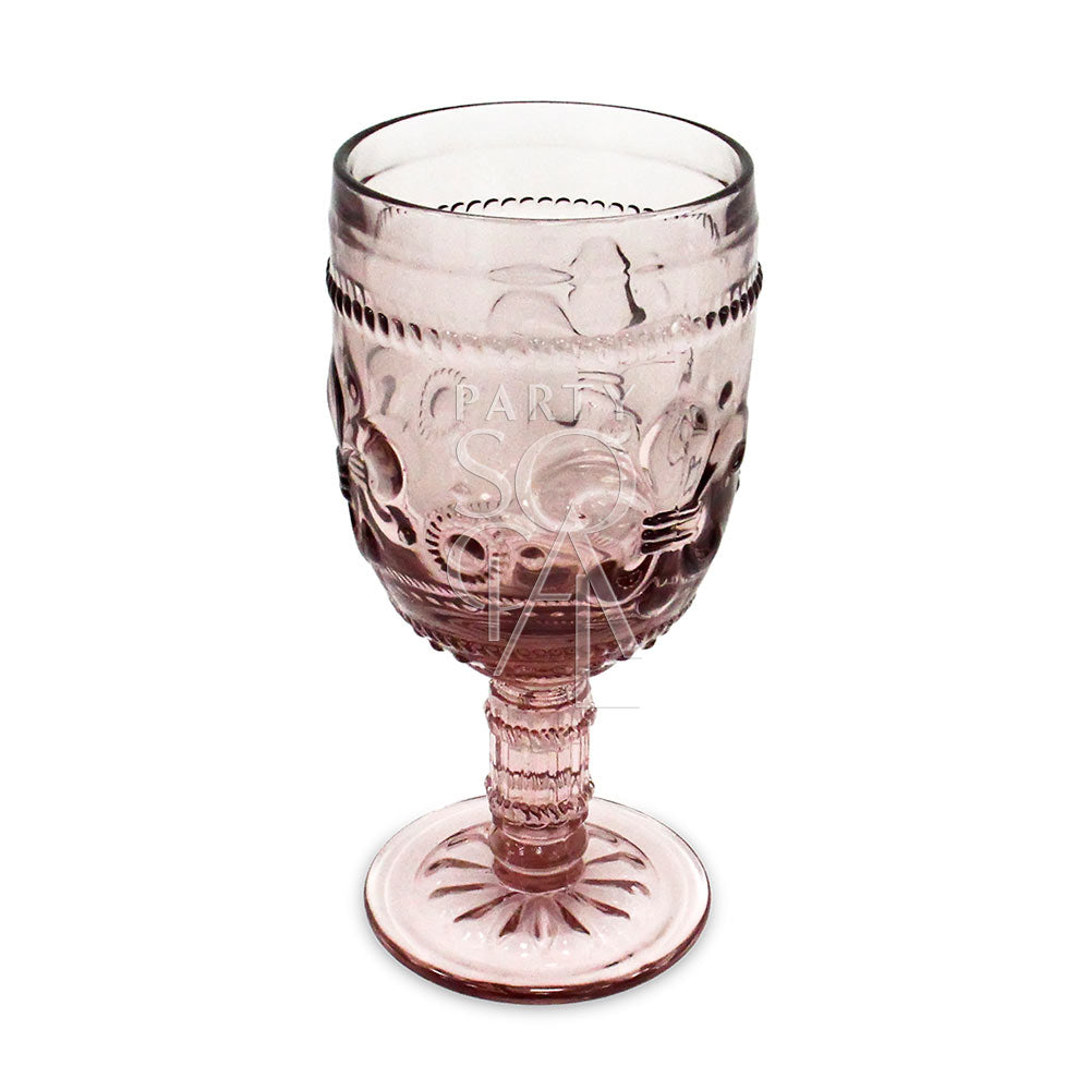 Vintage glass goblet with a Fleur de Lys design, featuring intricate detailing and a classic shape.