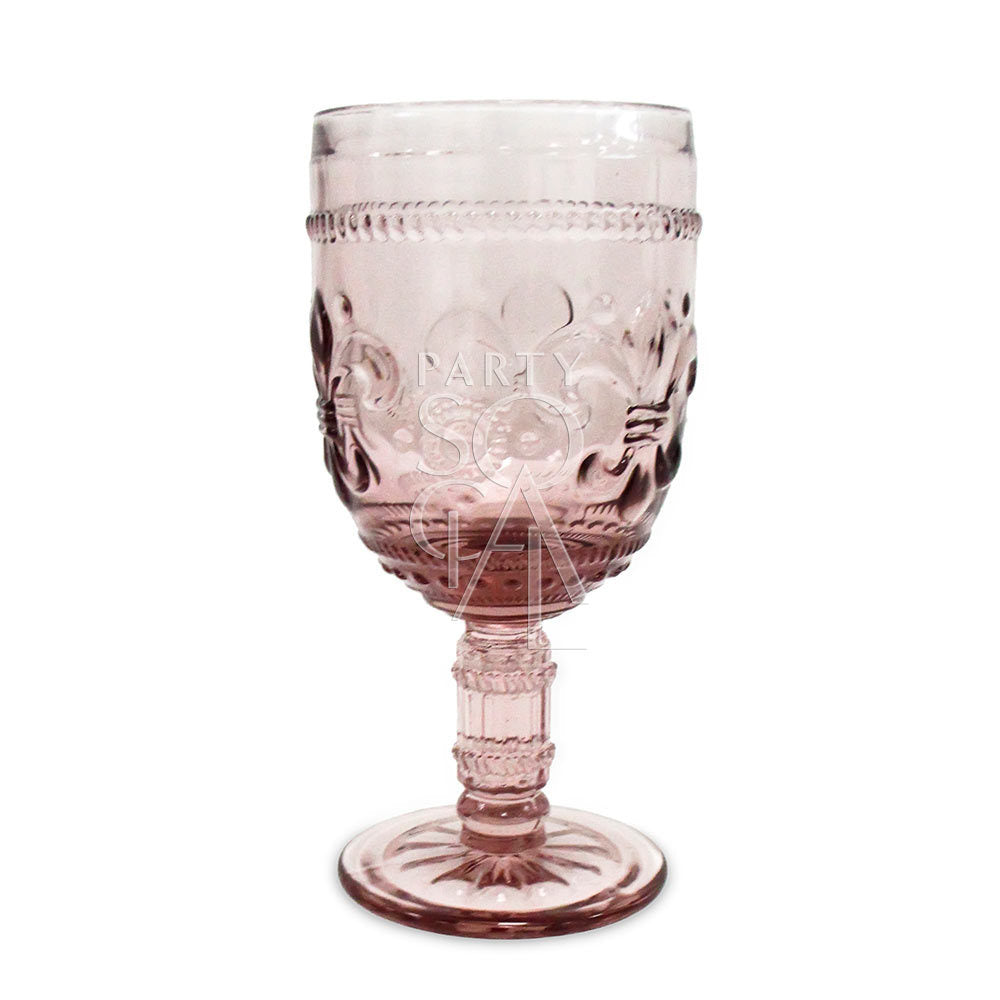 Vintage glass goblet with a Fleur de Lys design, featuring intricate detailing and a classic shape.