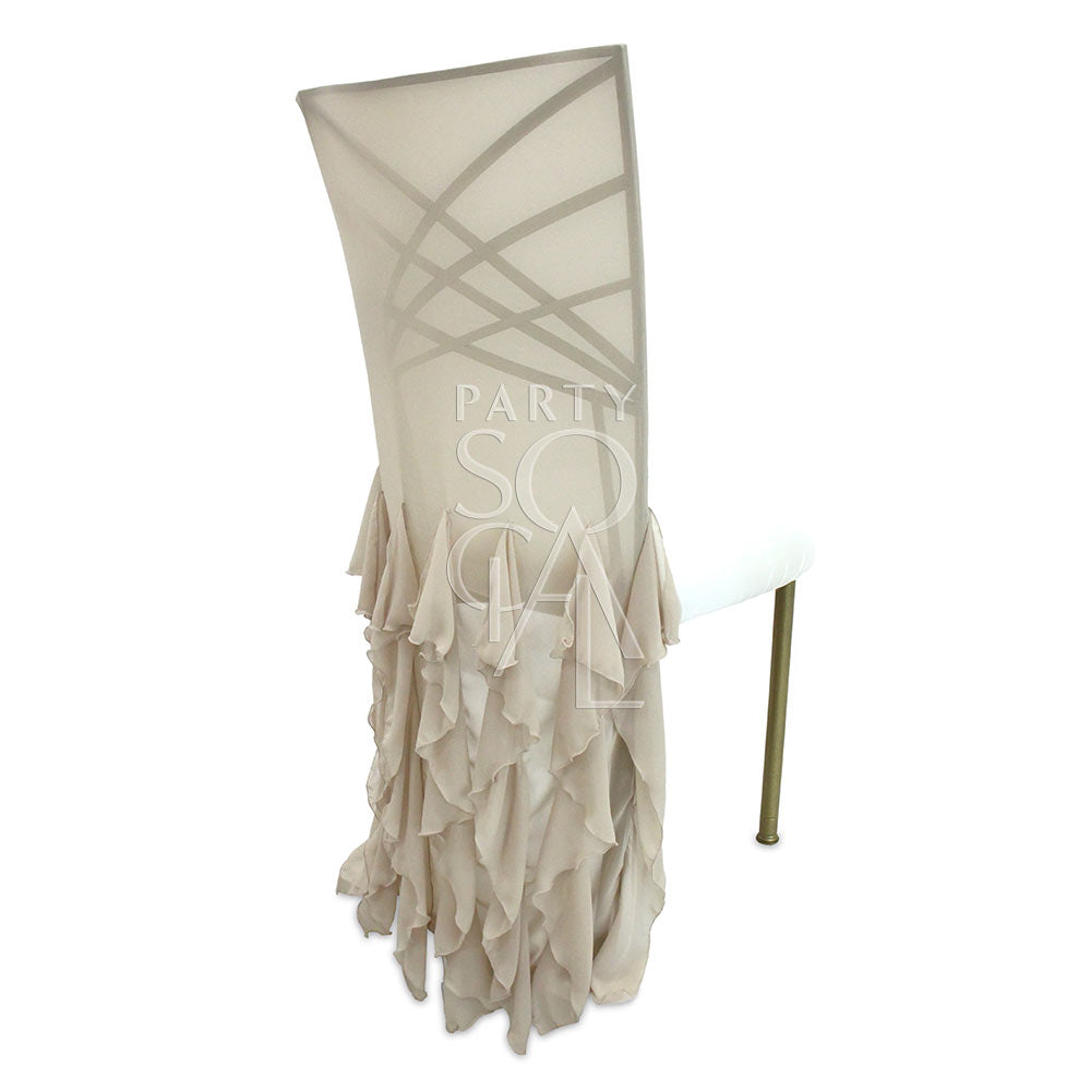 Sand-colored ruffled chair cover designed for Chameleon chairs, featuring a textured ruffle detail along the edges for a soft, elegant look. The cover adds a touch of sophistication and style to the chair.