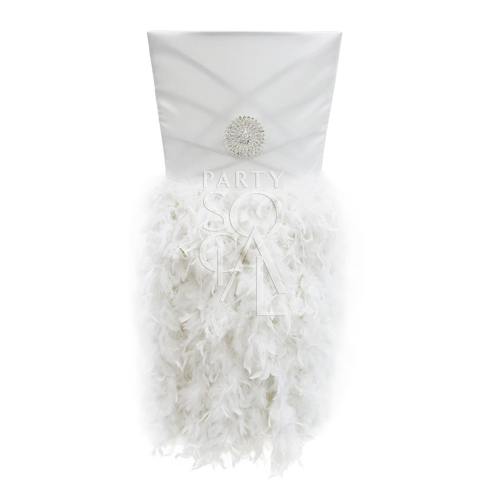 Feathered off-white satin chair cover designed for Chameleon chairs, featuring luxurious satin fabric adorned with soft, cascading feathers. This elegant cover adds a touch of glamour and sophistication to any event, with the feathers providing a unique and eye-catching texture. Perfect for weddings, galas, and high-end celebrations, this chair cover brings a sense of opulence and style to your seating arrangement.