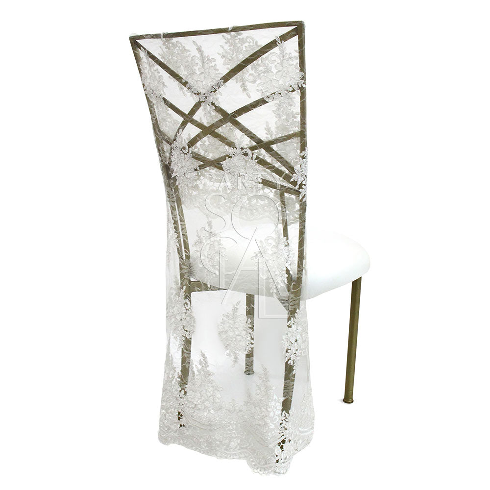 Full lace chair cover for Chameleon chairs, showcasing an all-over intricate lace pattern that envelops the entire chair. This cover creates a timeless and sophisticated look, ideal for weddings and elegant events. The full lace design adds texture and a classic charm, enhancing the overall decor with a touch of delicate beauty.