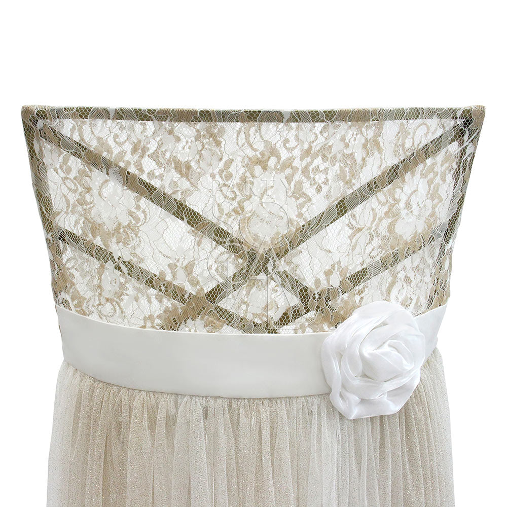 Romantic lace chair cover with full tulle overlay, designed for Chameleon chairs. This cover combines delicate lace detailing with a voluminous tulle skirt, creating an ethereal look ideal for weddings and elegant events. The intricate lace pattern and flowing tulle add a touch of vintage charm and sophistication to your seating decor.