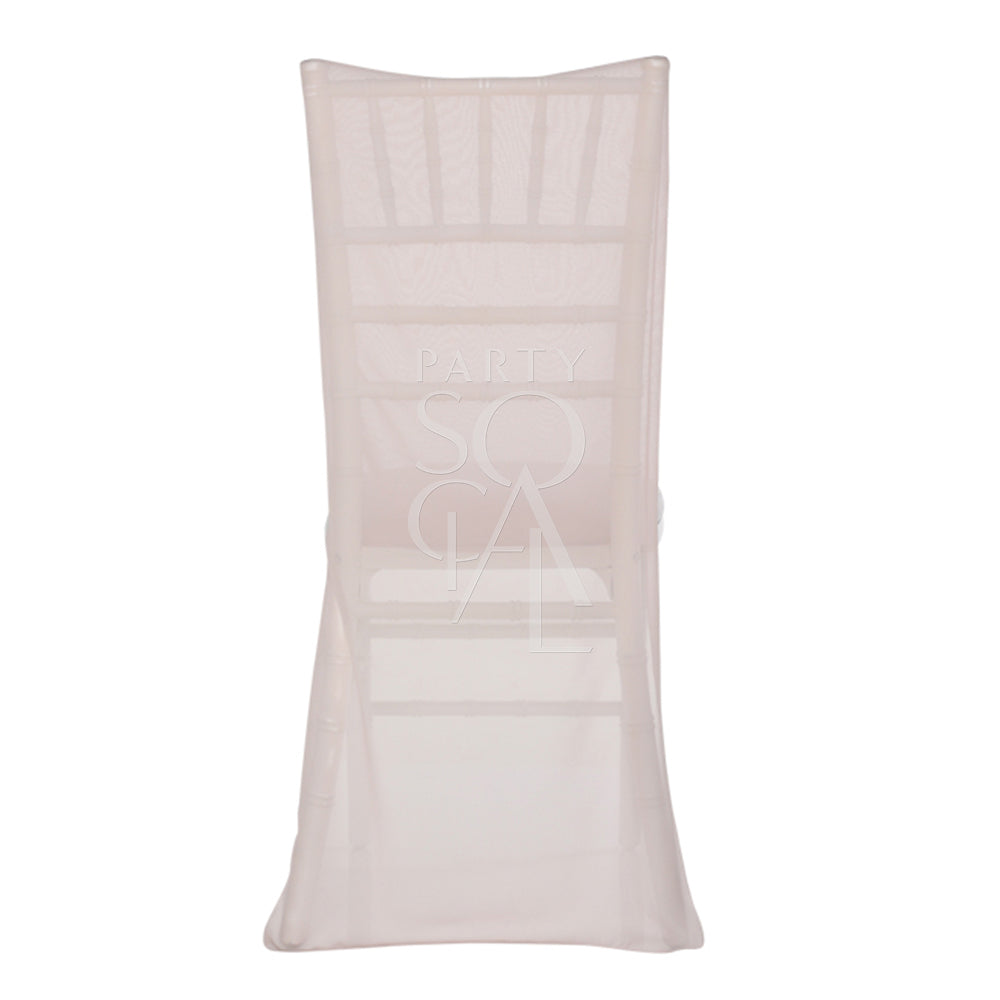 Elegant Chiavari chair cover made from lightweight chiffon fabric, draping gracefully over the chair with a soft, flowing silhouette. The simple design adds a touch of understated sophistication and airy elegance, ideal for weddings, formal events, or any occasion requiring a refined and classic look.