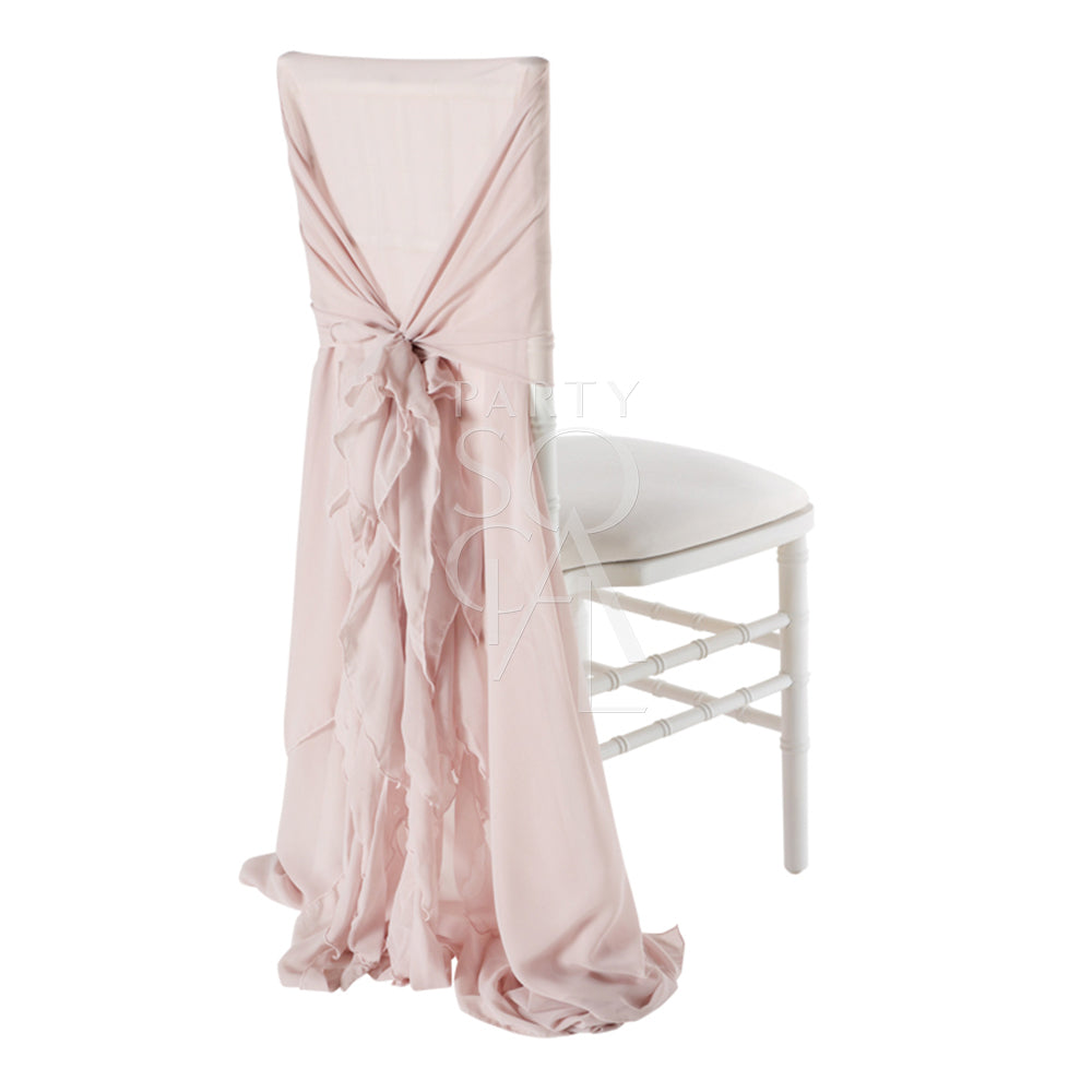 Elegant Chiavari chair cover in a soft blush pink color, featuring delicate ruffled detailing cascading down the back. The luxurious ruffles add a romantic and sophisticated touch, making it perfect for weddings, special events, or upscale gatherings, transforming any chair into a statement piece.