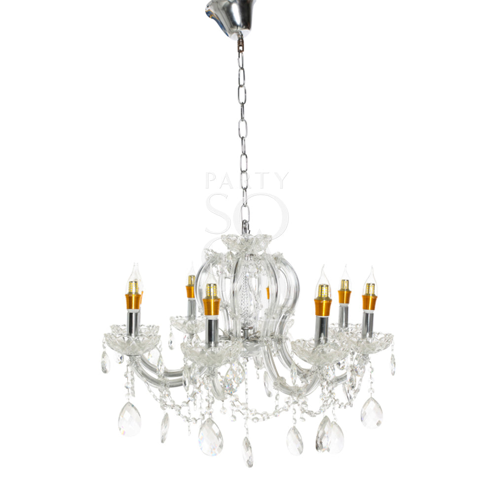 Exquisite crystal chandelier featuring a dazzling array of crystal droplets and intricate metalwork. The chandelier’s sparkling crystals reflect light beautifully, creating a luxurious and elegant ambiance. Ideal for adding a touch of glamour and sophistication to any grand space or formal setting.
