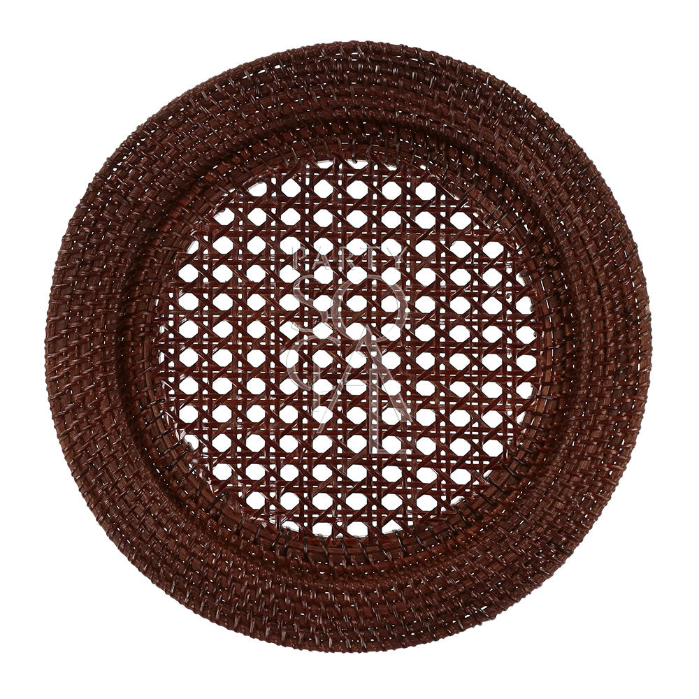 Rattan charger plate in a rich brown finish, featuring a natural and woven texture. The brown rattan adds a rustic and earthy elegance, perfect for enhancing a cozy and organic table setting.