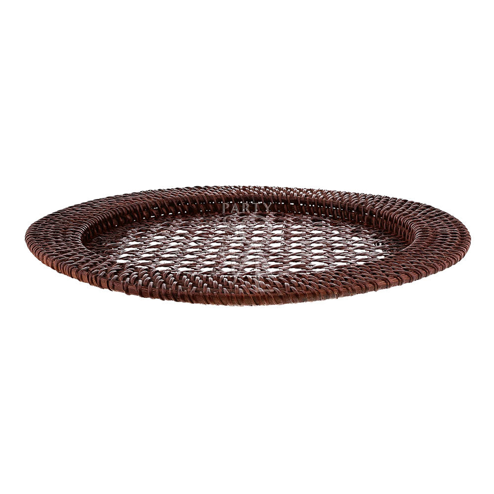 Rattan charger plate in a rich brown finish, featuring a natural and woven texture. The brown rattan adds a rustic and earthy elegance, perfect for enhancing a cozy and organic table setting.