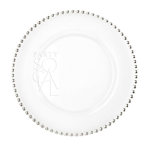 Stylish beaded charger plate in silver, with a decorative beaded edge that brings a refined and modern touch to your dining arrangement.