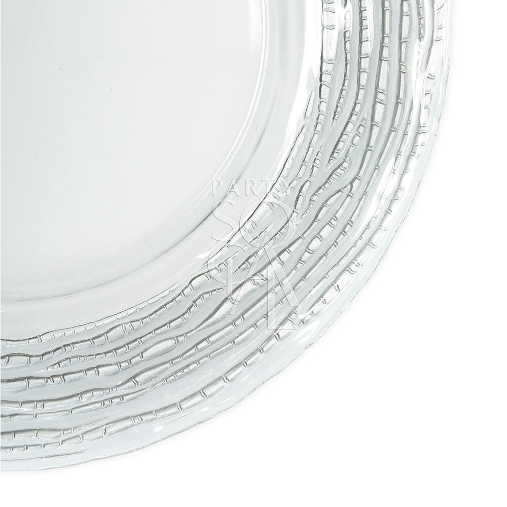 Glass charger plate with a silver ruffled edge, featuring a shimmering and elegant design that adds a touch of sophistication to any table setting.