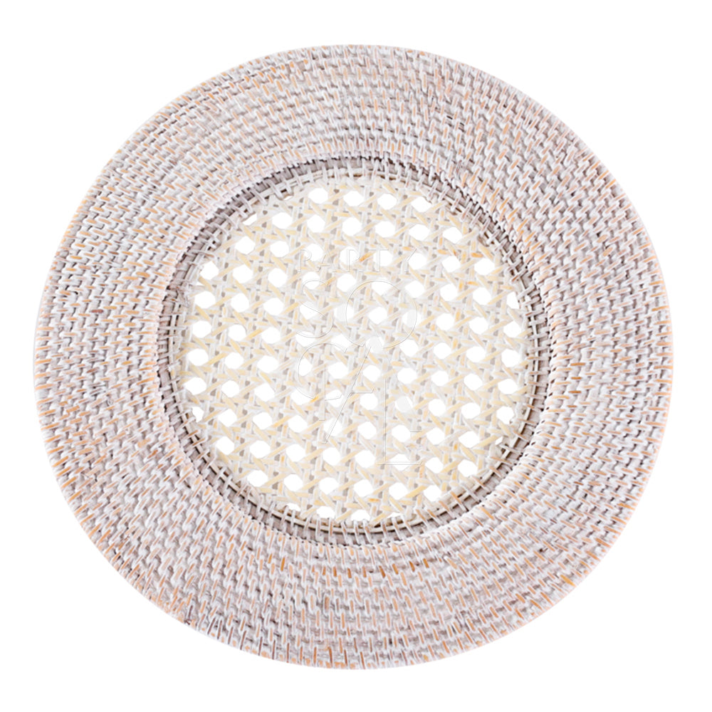 Rattan charger plate in an ivory finish, offering a soft and neutral tone. The ivory rattan provides a light and elegant touch, perfect for creating a serene and chic table setting.