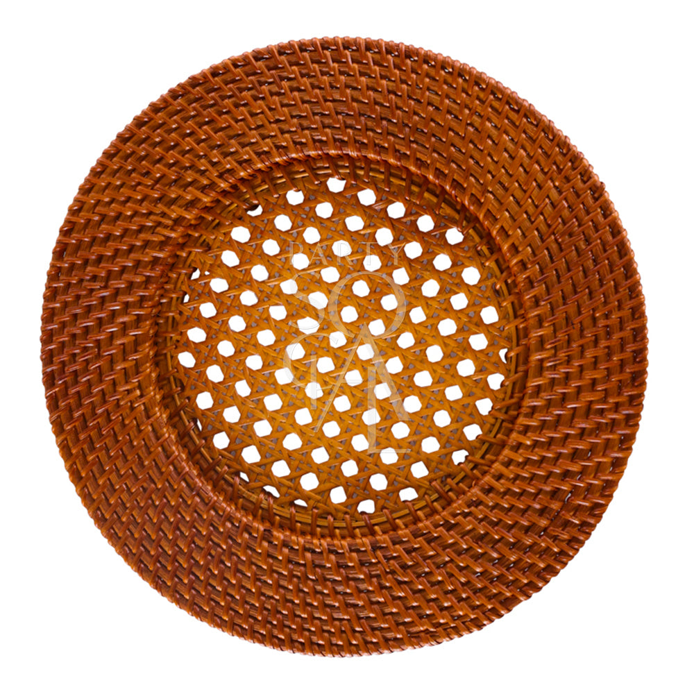 Rattan charger plate in a warm chestnut hue, showcasing a deep and inviting tone. The chestnut rattan adds a touch of warmth and sophistication, ideal for a classic and refined table setting.