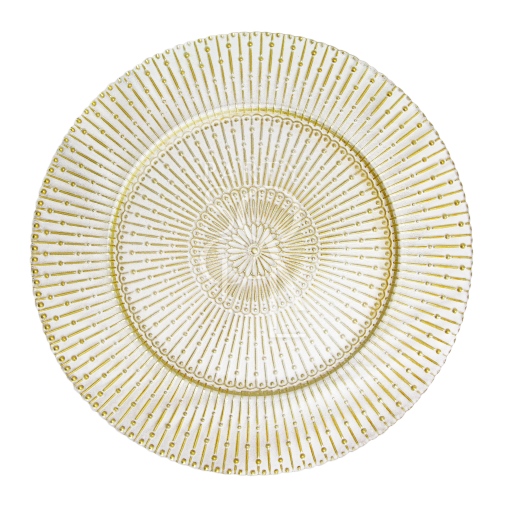 A clear charger plate featuring a stunning radial pattern with gold accents. Perfect for adding a sophisticated and stylish touch to your dining table.