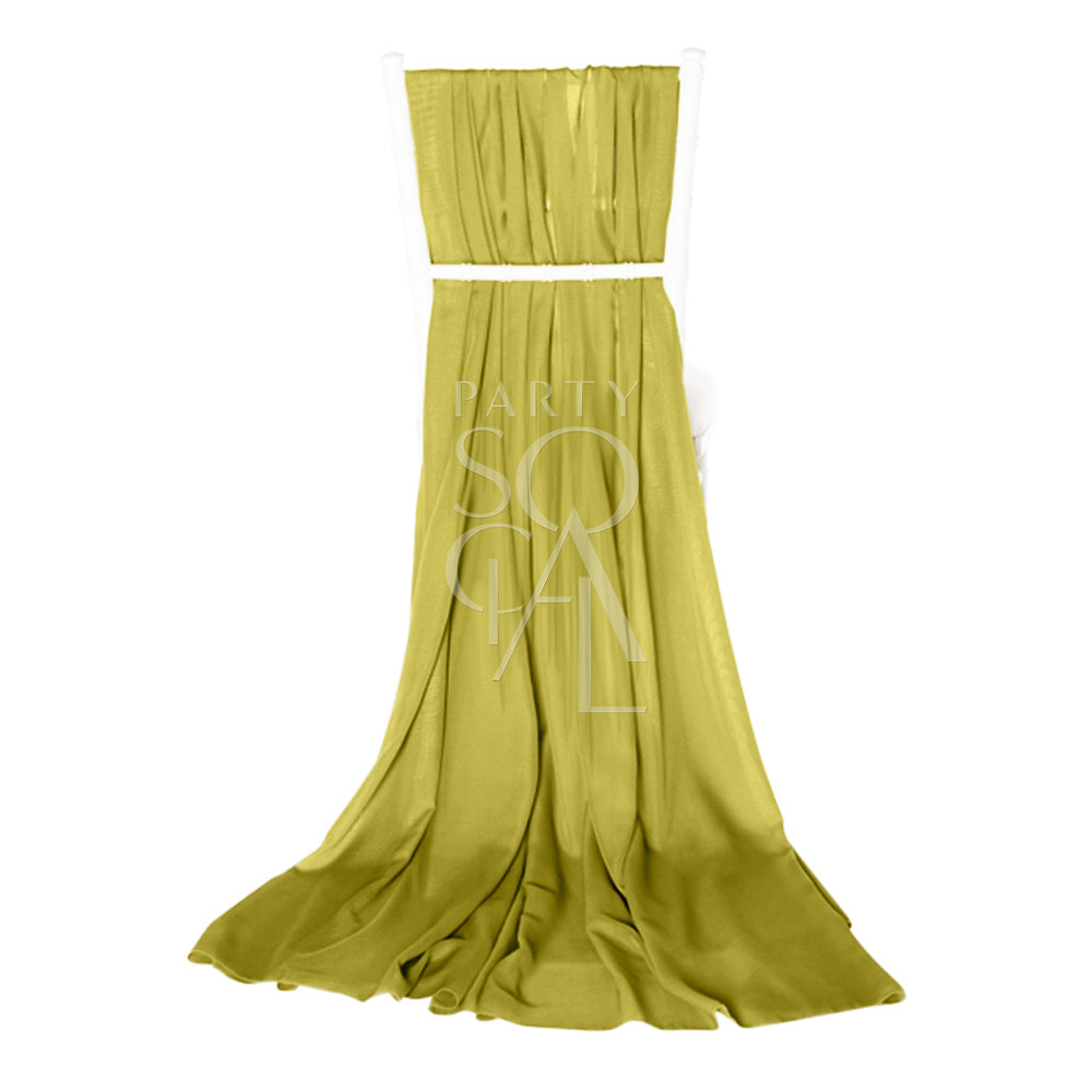 Rich olive green chiffon chair cover with a train designed for Chiavari chairs. The deep, earthy green adds a touch of luxury and depth to the chair&