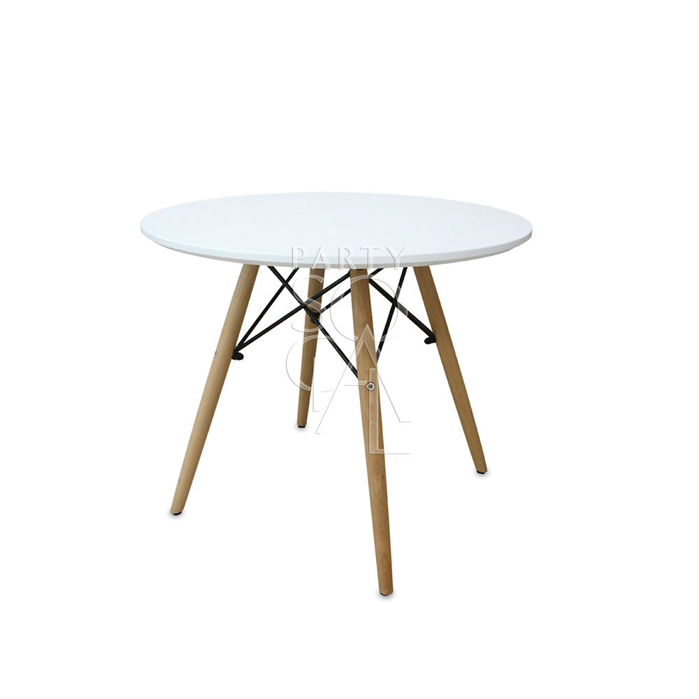 Eames replica coffee table featuring a sleek, modern design with a circular glass top and a distinctive white lacquered base with wooden legs, echoing the iconic mid-century style.
