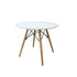 Eames replica coffee table featuring a sleek, modern design with a circular glass top and a distinctive white lacquered base with wooden legs, echoing the iconic mid-century style.
