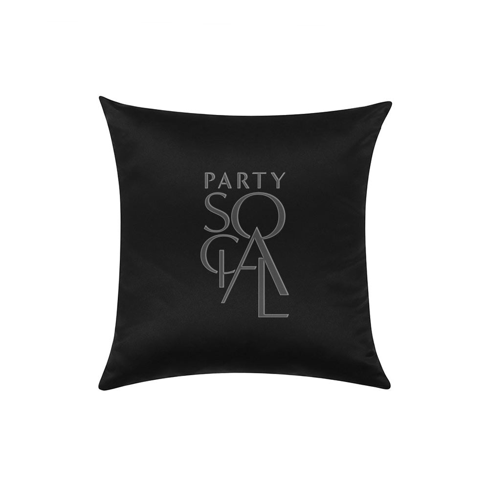 Elegant satin cushion cover in a deep black color, featuring a smooth, lustrous finish. The rich black hue adds a sophisticated and timeless touch, making it a versatile addition to any decor.