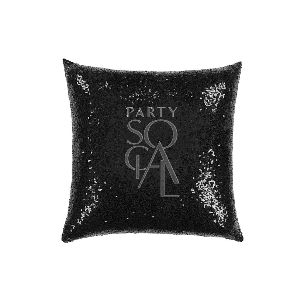 Sophisticated sequin cushion cover in black, featuring a shimmering and reflective surface. The sleek black sequins create a dramatic and elegant look, perfect for adding a touch of modern glamour to any decor.