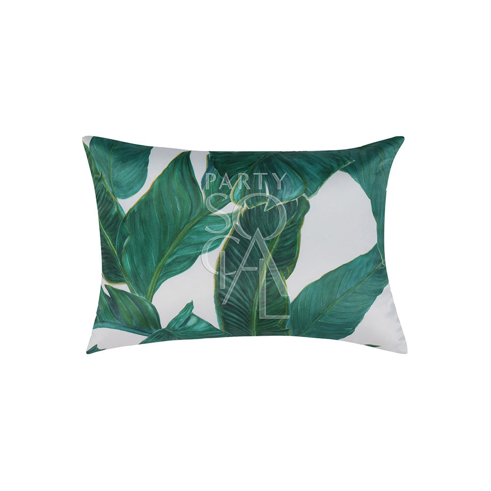Stylish cushion featuring a white background adorned with a vibrant banana leaves print. The lush green leaves create a refreshing and tropical pattern, adding a touch of exotic charm and elegance to any seating area or home decor.
