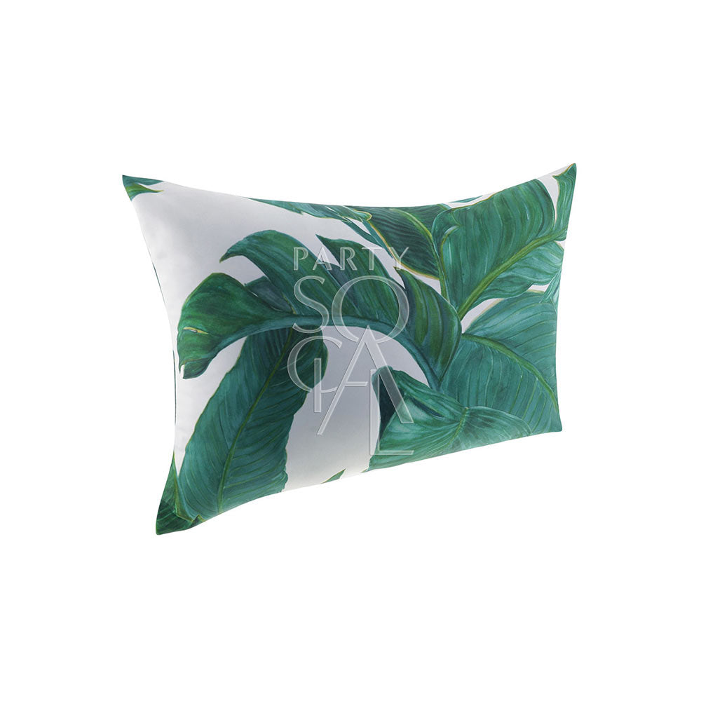 Stylish cushion featuring a white background adorned with a vibrant banana leaves print. The lush green leaves create a refreshing and tropical pattern, adding a touch of exotic charm and elegance to any seating area or home decor.