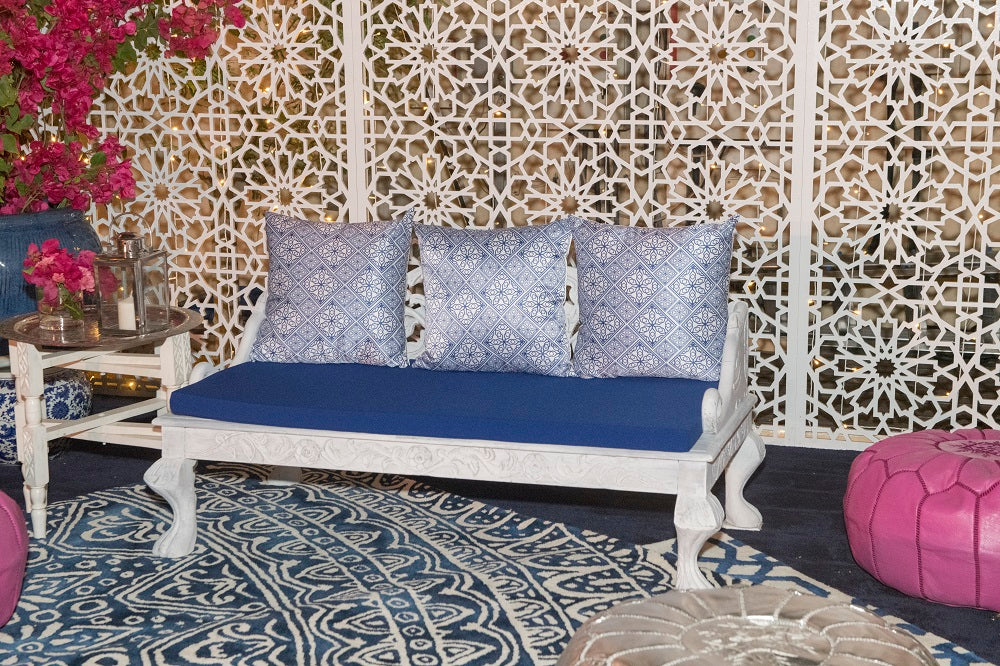 Decorative cushion featuring a striking blue and white Moroccan print with intricate geometric patterns and traditional motifs. The cushion’s vibrant blue tones and crisp white background create a bold, eye-catching contrast, adding a touch of exotic charm and elegance to any living space or seating area.