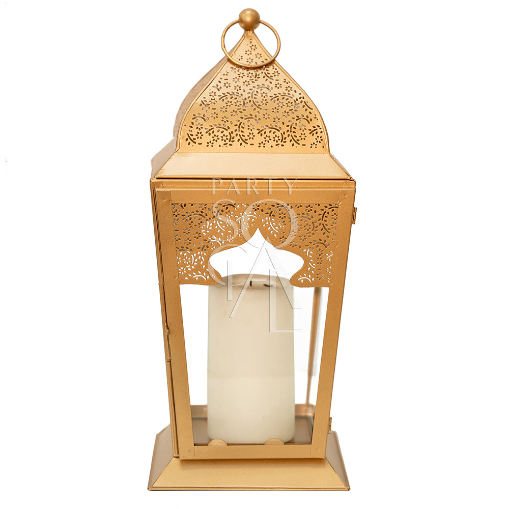 Chic rose gold lanterns with a modern metallic finish, featuring delicate cut-out patterns that cast beautiful light patterns. The lanterns add a touch of warmth and elegance, perfect for enhancing the ambiance of any space with a contemporary flair.