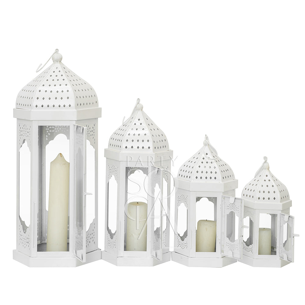 Elegant white Moroccan lanterns with intricate cut-out patterns, featuring a delicate design and soft white finish, adding a touch of exotic charm and sophistication to any space.