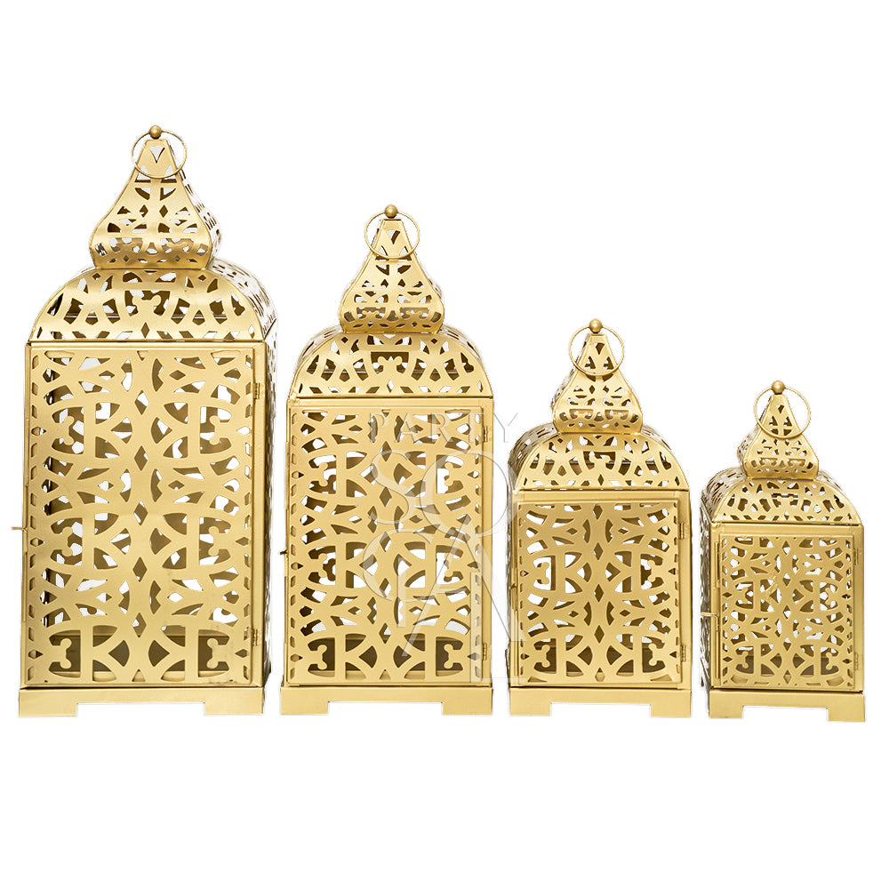 Ornate gold Arabic lanterns featuring intricate geometric patterns and a warm, metallic finish. The lanterns exude a rich, traditional charm, making them ideal for adding a touch of elegance and cultural sophistication to any decor.