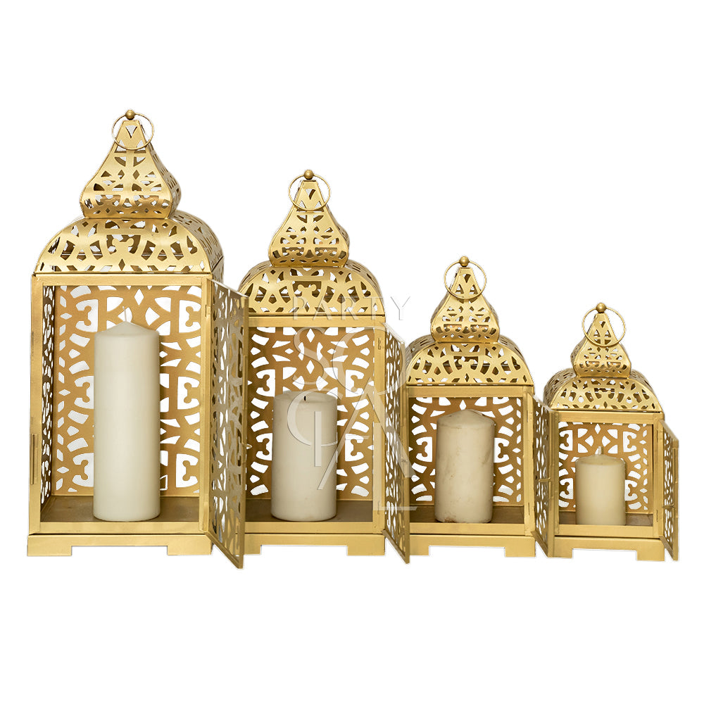 Ornate gold Arabic lanterns featuring intricate geometric patterns and a warm, metallic finish. The lanterns exude a rich, traditional charm, making them ideal for adding a touch of elegance and cultural sophistication to any decor.