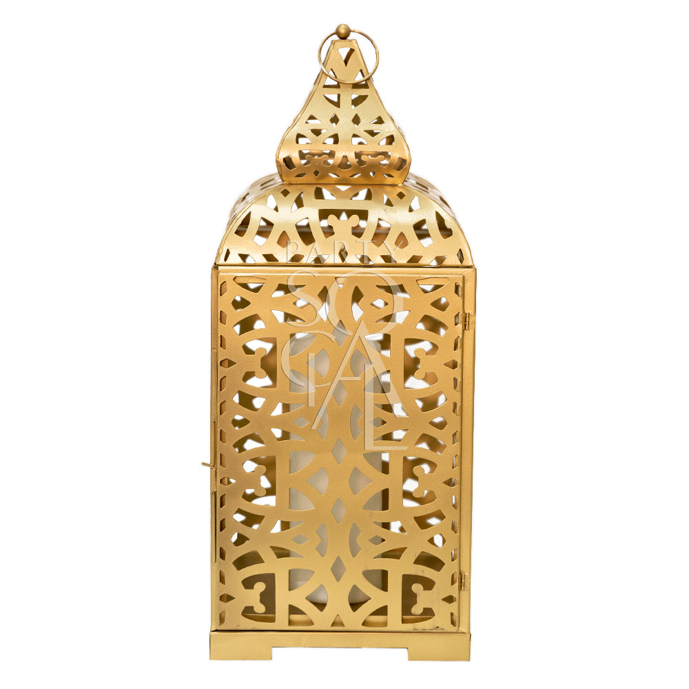 Ornate gold Arabic lanterns featuring intricate geometric patterns and a warm, metallic finish. The lanterns exude a rich, traditional charm, making them ideal for adding a touch of elegance and cultural sophistication to any decor.