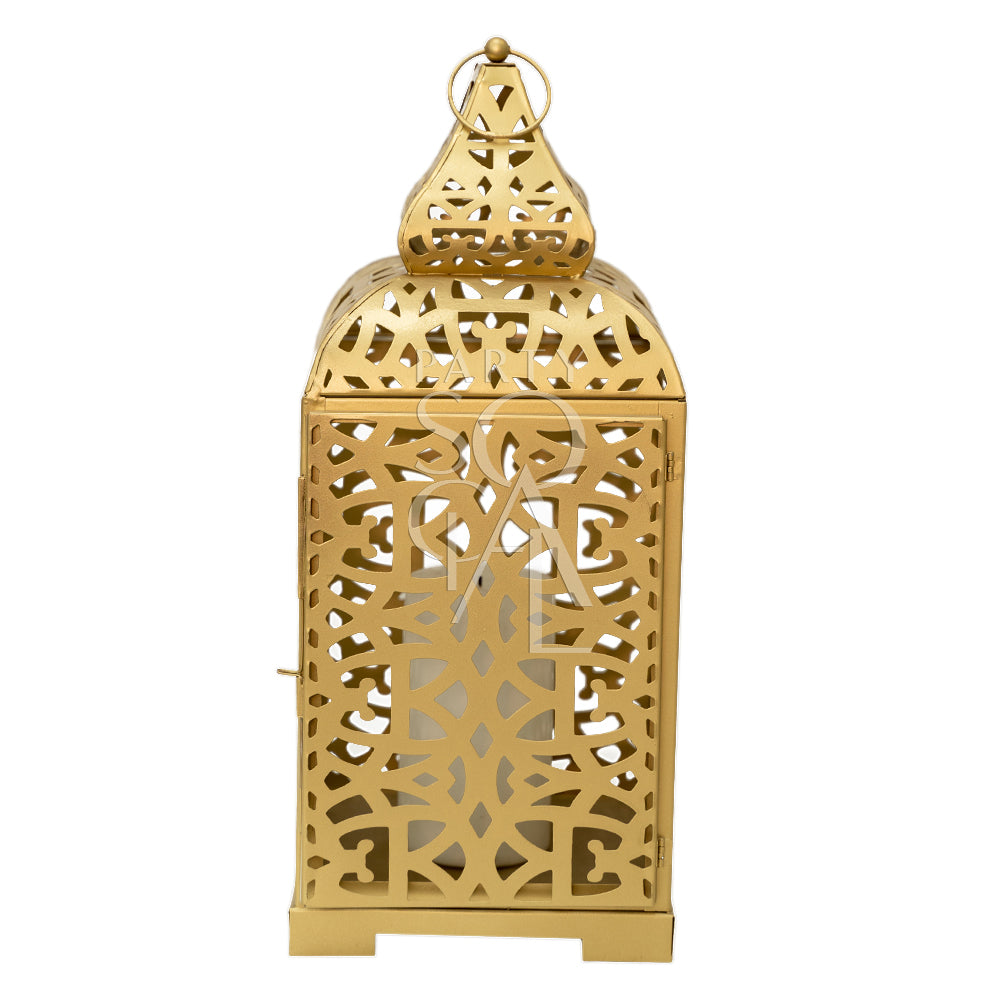 Ornate gold Arabic lanterns featuring intricate geometric patterns and a warm, metallic finish. The lanterns exude a rich, traditional charm, making them ideal for adding a touch of elegance and cultural sophistication to any decor.