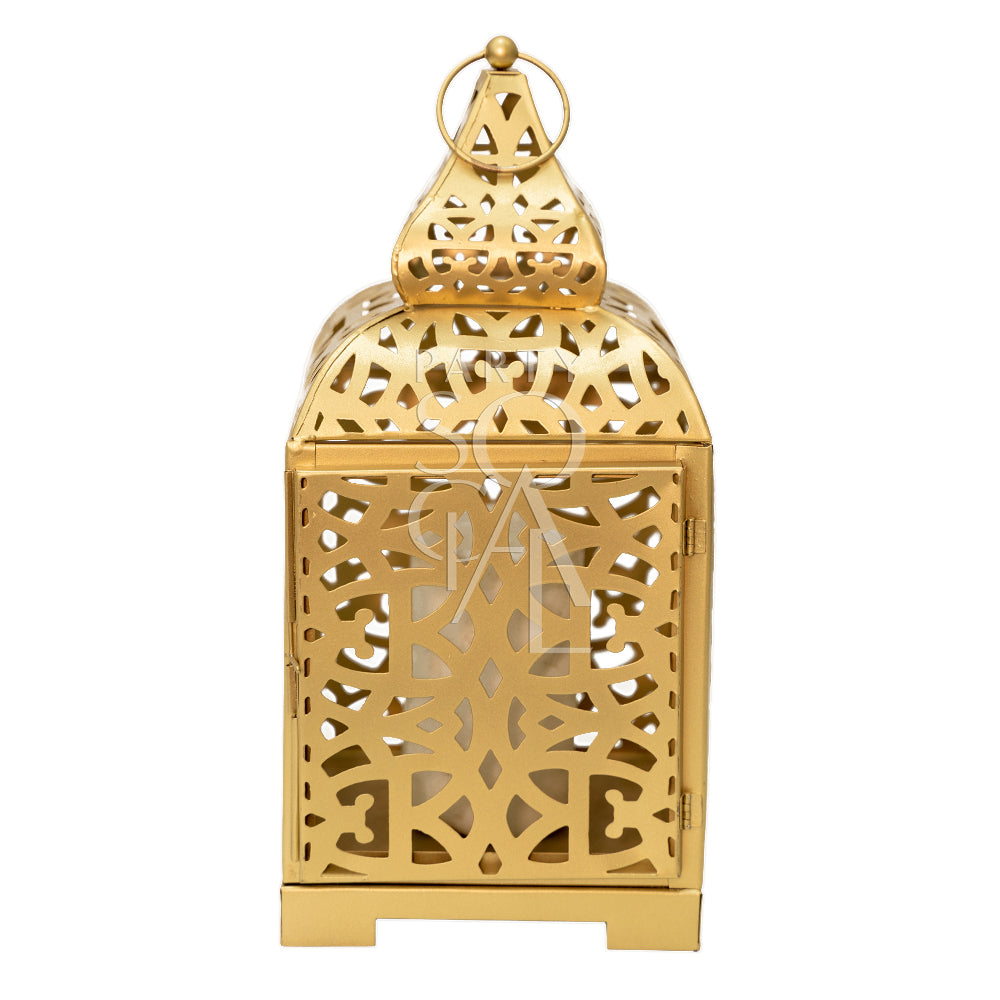 Ornate gold Arabic lanterns featuring intricate geometric patterns and a warm, metallic finish. The lanterns exude a rich, traditional charm, making them ideal for adding a touch of elegance and cultural sophistication to any decor.