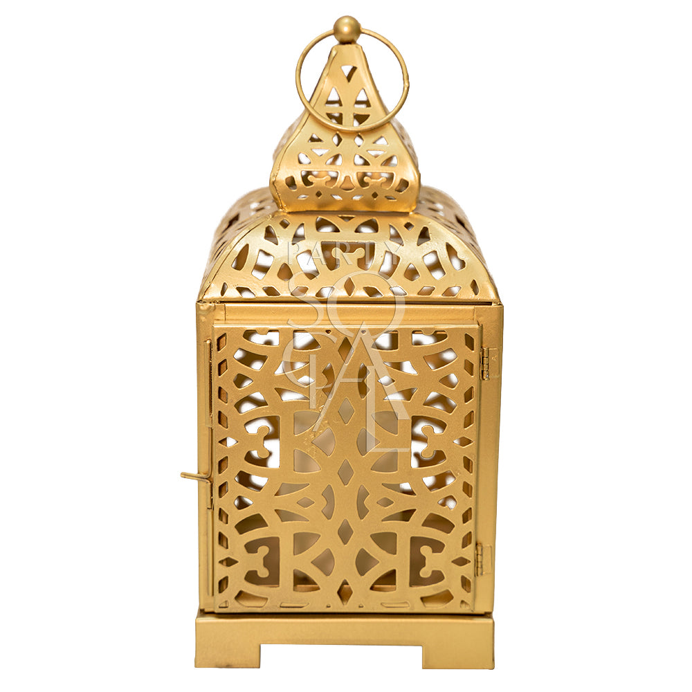 Ornate gold Arabic lanterns featuring intricate geometric patterns and a warm, metallic finish. The lanterns exude a rich, traditional charm, making them ideal for adding a touch of elegance and cultural sophistication to any decor.