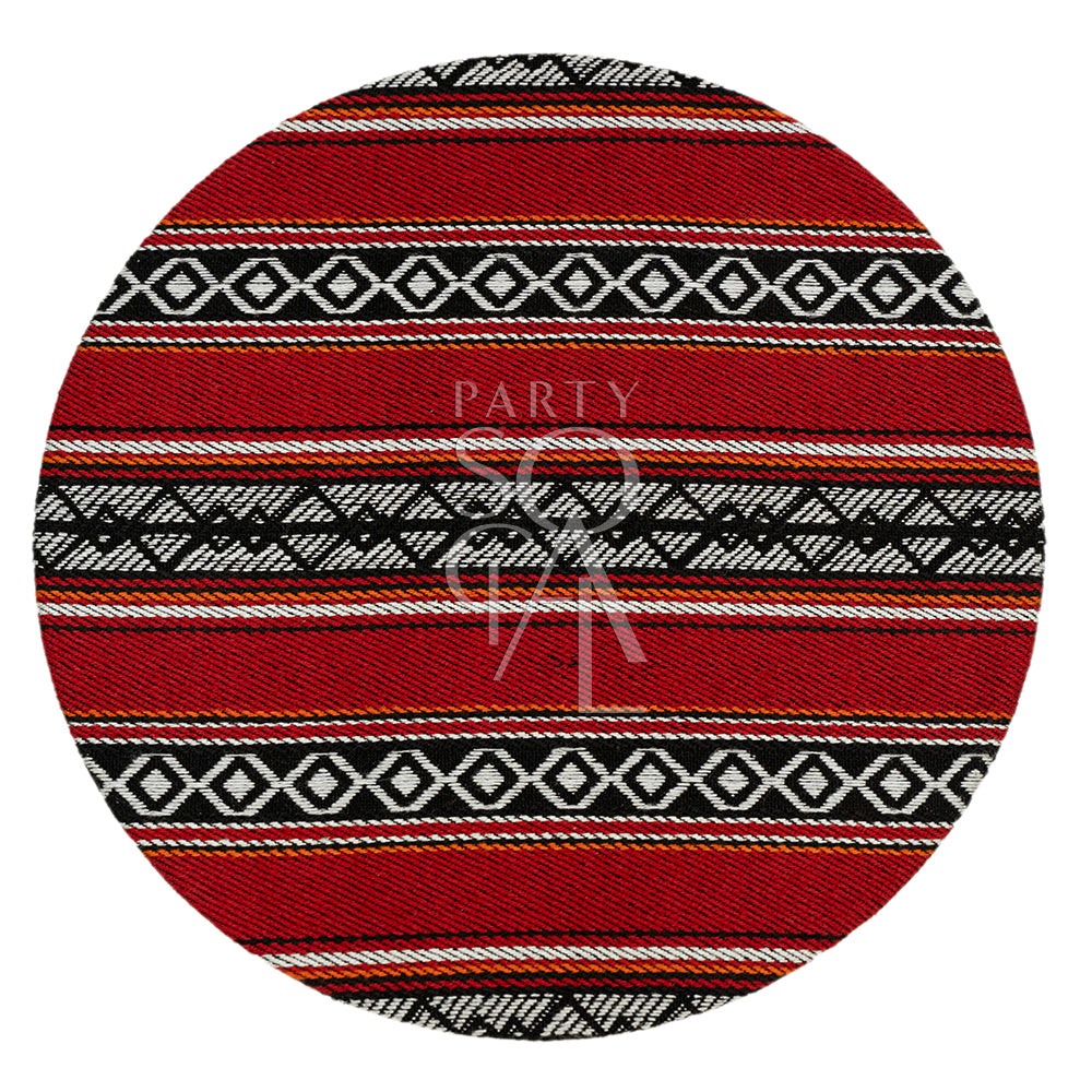 Elegant round tray featuring a traditional Saddu print with intricate geometric patterns in rich, vibrant colors. The tray is designed with a smooth surface and raised edges, making it perfect for serving drinks or displaying decorative items. Its detailed print adds a touch of cultural sophistication to any setting.