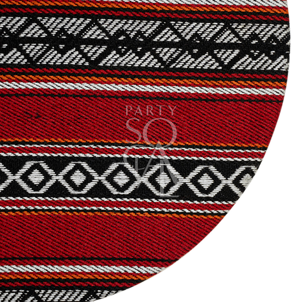 Elegant round tray featuring a traditional Saddu print with intricate geometric patterns in rich, vibrant colors. The tray is designed with a smooth surface and raised edges, making it perfect for serving drinks or displaying decorative items. Its detailed print adds a touch of cultural sophistication to any setting.