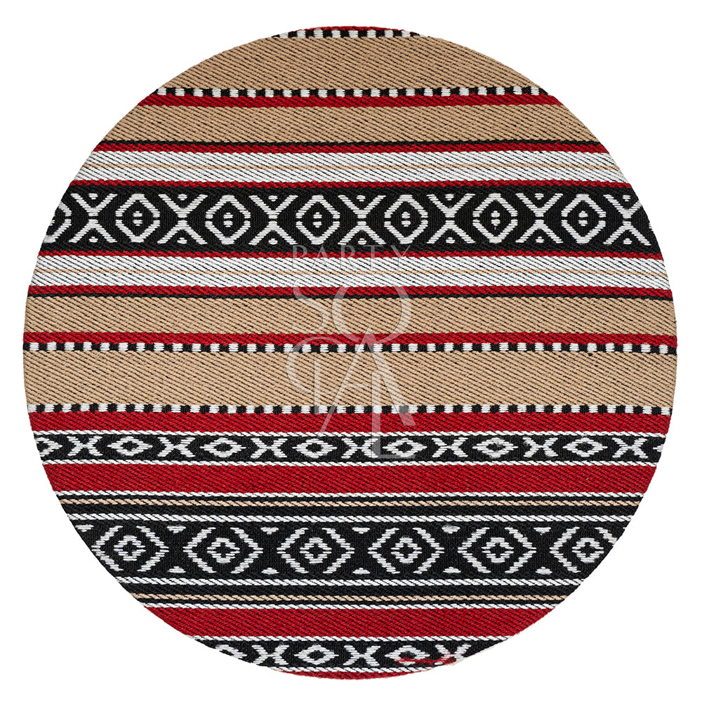 Elegant round tray featuring a traditional Saddu print with intricate geometric patterns in rich, vibrant colors. The tray is designed with a smooth surface and raised edges, making it perfect for serving drinks or displaying decorative items. Its detailed print adds a touch of cultural sophistication to any setting.